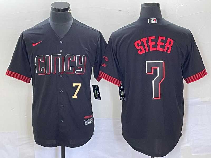 Men%27s Cincinnati Reds #7 Spencer Steer Numer Black 2023 City Connect Cool Base Stitched Baseball Jersey 2->cincinnati reds->MLB Jersey